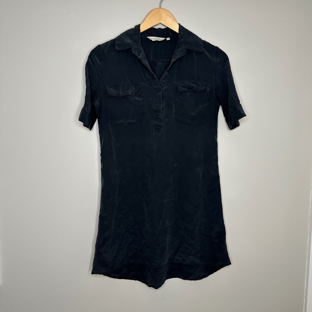 TYLHO by Anthro Women's Black Silk Short Sleeve‎ Collared Shirt Dress Pockets XS